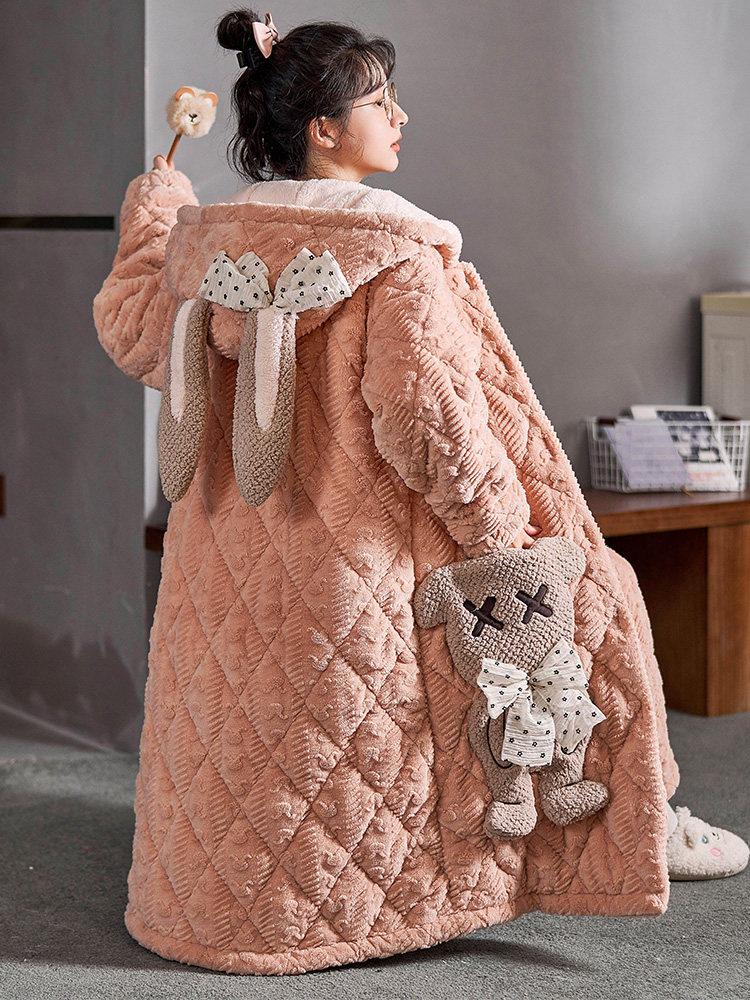 CORAL VELVET NIGHTGOWN WOMENS LONG AUTUMN AND WINTER THREE-LAYER PADDED JACKET THICKENED VELVET PAJAMAS WOMENS WINTER LOUNGEWEAR SET