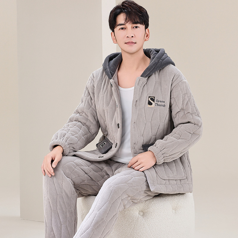 睡衣男冬季加厚加绒三层夹棉保暖珊瑚绒秋冬款男士家居服连帽套装