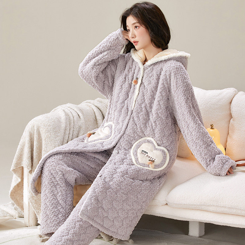 珊瑚绒三层夹棉睡衣女秋冬季加绒加厚保暖连帽睡袍可爱家居服冬天,女士内衣/男士内衣/家居服,睡袍/浴袍,淘宝优惠券,粉丝福利购,淘宝优惠卷