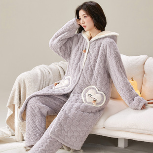 珊瑚绒三层夹棉睡衣女秋冬季加绒加厚保暖连帽睡袍可爱家居服冬天