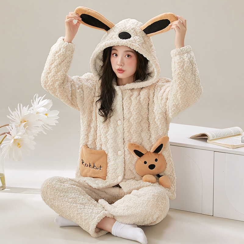 秋冬季睡衣女士加绒加厚三层夹棉保暖珊瑚绒2024可外穿家居服套装