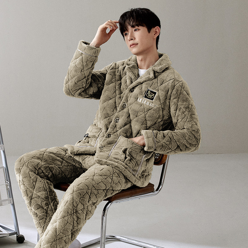 珊瑚绒睡衣男冬季三层夹棉加厚加绒保暖可外穿男款冬天家居服套装