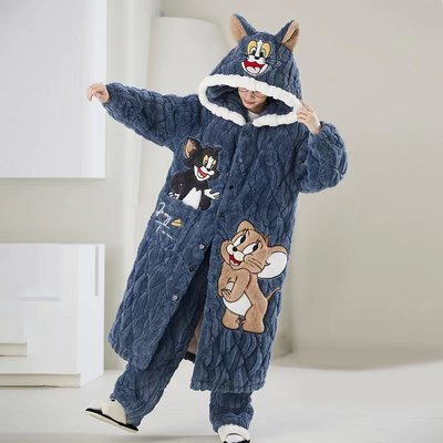 男士睡衣三层夹棉秋冬季珊瑚绒加绒加厚长款男生睡袍青少年家居服