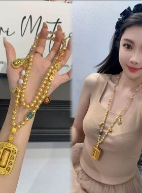 国风金色水晶六字经转筒转动葫芦长款箴言无事牌项链