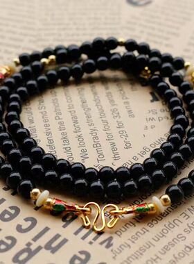 泰国专业佛牌链子 6mm珠黑色项链毛衣链可挂金属吊坠金色珐琅扣