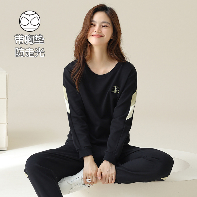 带胸垫睡衣女纯棉长袖春秋款