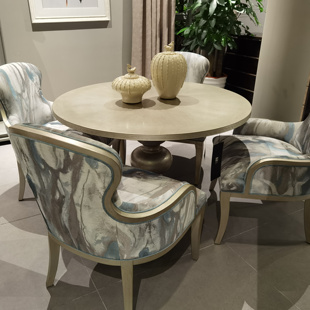 美式实木雕刻圆形餐桌 美克art莫里印象美家家具高级灰圆桌椅