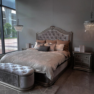 美克art家具筑源实木雕花床美式轻奢欧式实木软包双人床法式定制