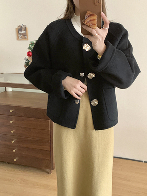 2024短款双面羊绒大衣女圆领休闲廓形小香风羊毛大衣女冬季外套女