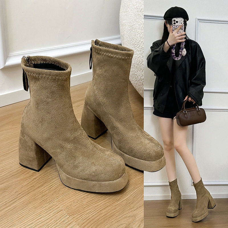 复古绒面后拉链小短靴女2025新款高跟厚底显瘦气质百搭瘦瘦时装靴,女鞋,时尚休闲鞋,淘宝优惠券,粉丝福利购,淘宝优惠卷