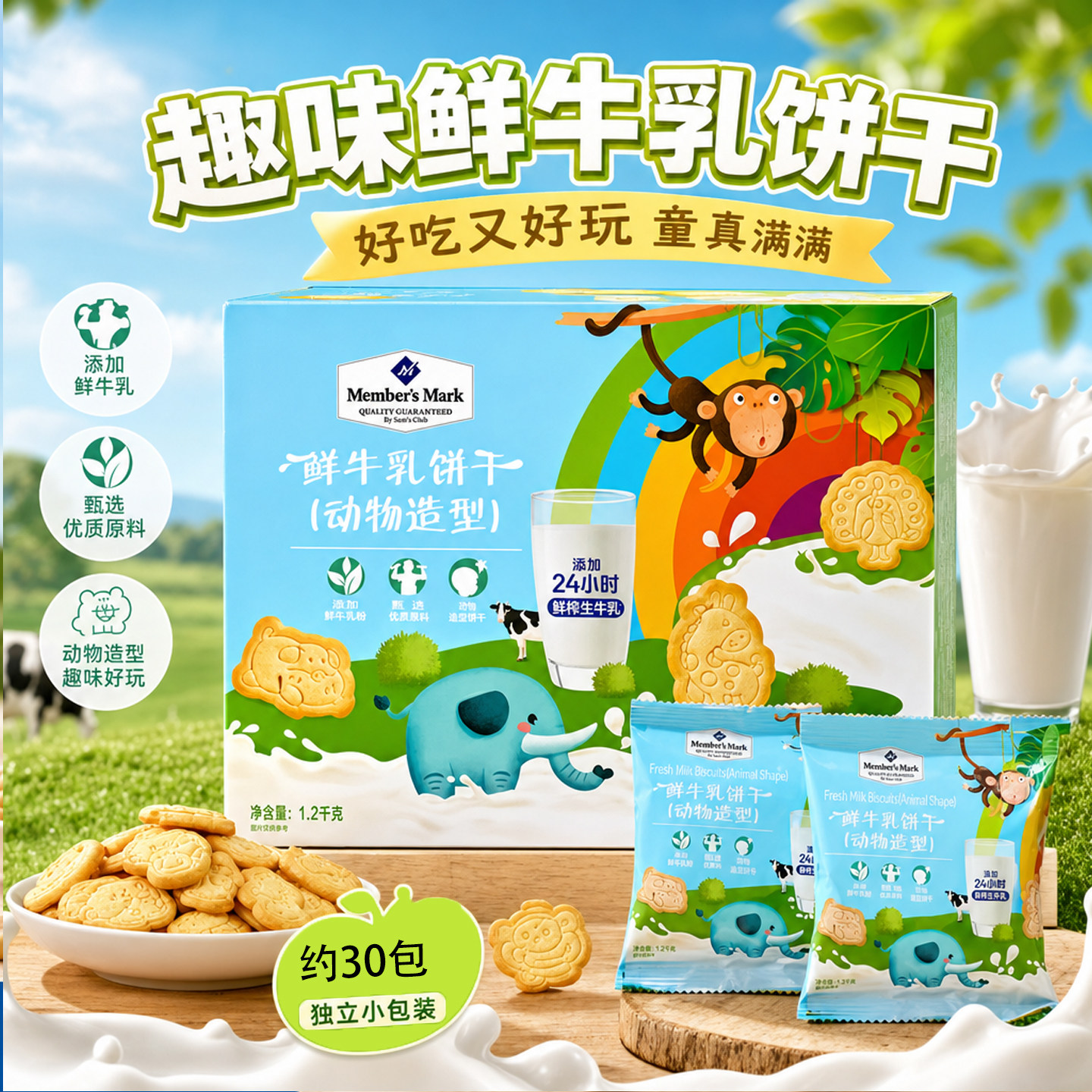 山姆黄油鲜牛乳高钙动物饼干奶香浓郁DHA藻油蛋白质儿童营养成长