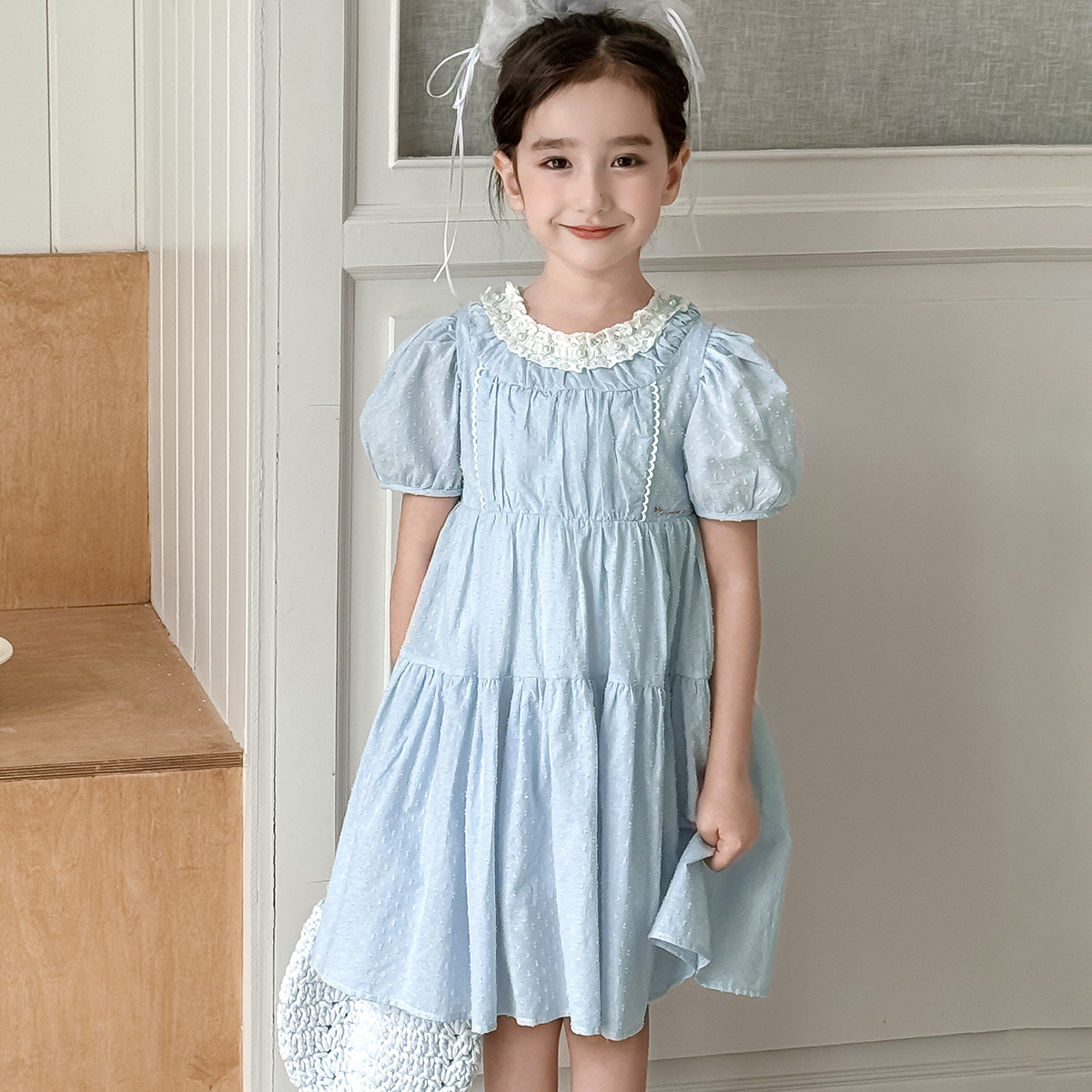 迪士尼女童短袖连衣裙夏季新款中大童公主裙长裙子泡泡袖蓝色白色