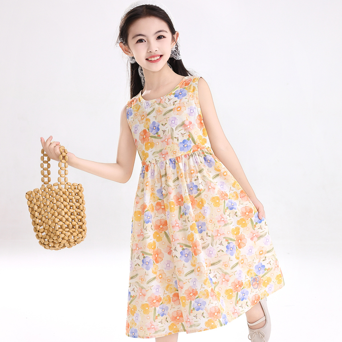 迪士尼女童背心连衣裙夏季新款印花中大童公主裙子时尚纯棉碎花裙