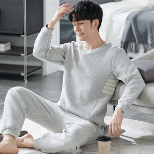 夹层青年男款 空气棉睡衣男士 春秋款 加厚纯棉长袖 家居服套头 秋冬季