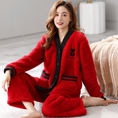 加绒套装 睡衣女秋冬季 珊瑚绒加厚保暖红色本命年家居服法兰绒冬款