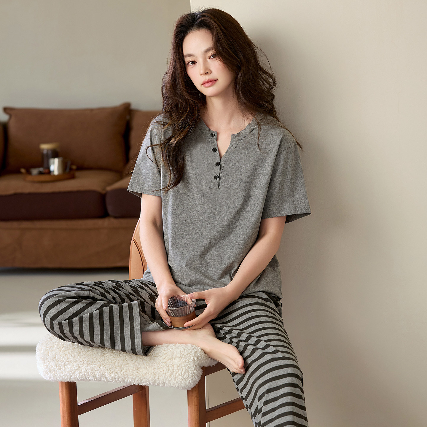 睡衣女款夏季纯棉短袖长裤薄款图片