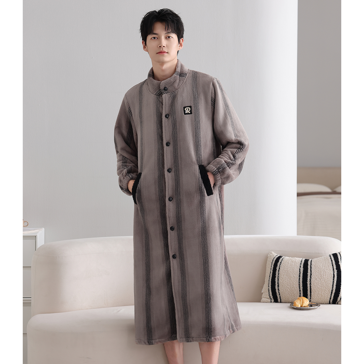 男士睡袍冬季法兰绒加厚长款