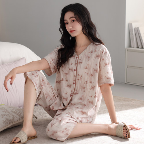 妈妈睡衣女夏季薄款短袖莫代尔棉