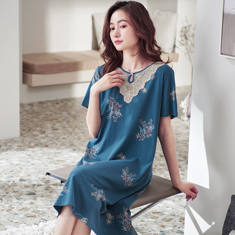 睡裙女士夏季薄款长裙睡衣妈妈款短袖莫代尔棉绸夏天大码居家裙子