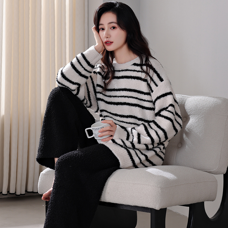 女士半边绒睡衣秋冬季冬款加厚
