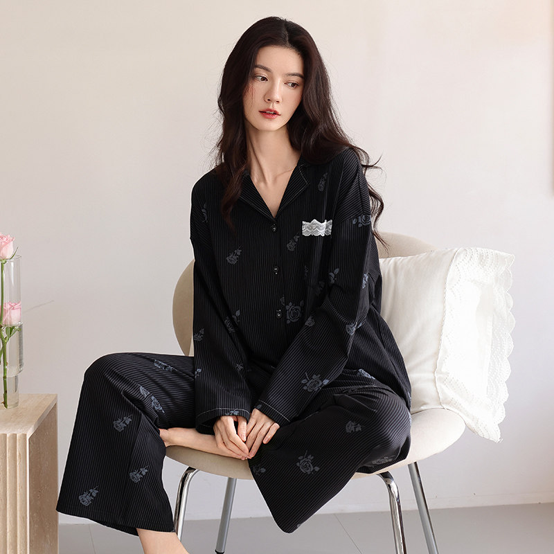 睡衣女春秋季纯棉长袖黑色高级感秋款秋天全棉宽松大码家居服套装,女士内衣/男士内衣/家居服,睡衣/家居服套装,淘宝优惠券,粉丝福利购,淘宝优惠卷