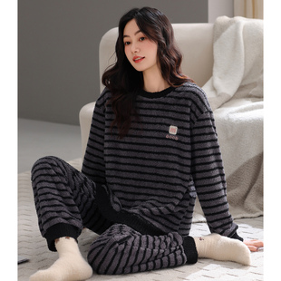 珊瑚绒睡衣女秋冬季 加绒加厚半边绒家居服休闲可外穿套头条纹套装