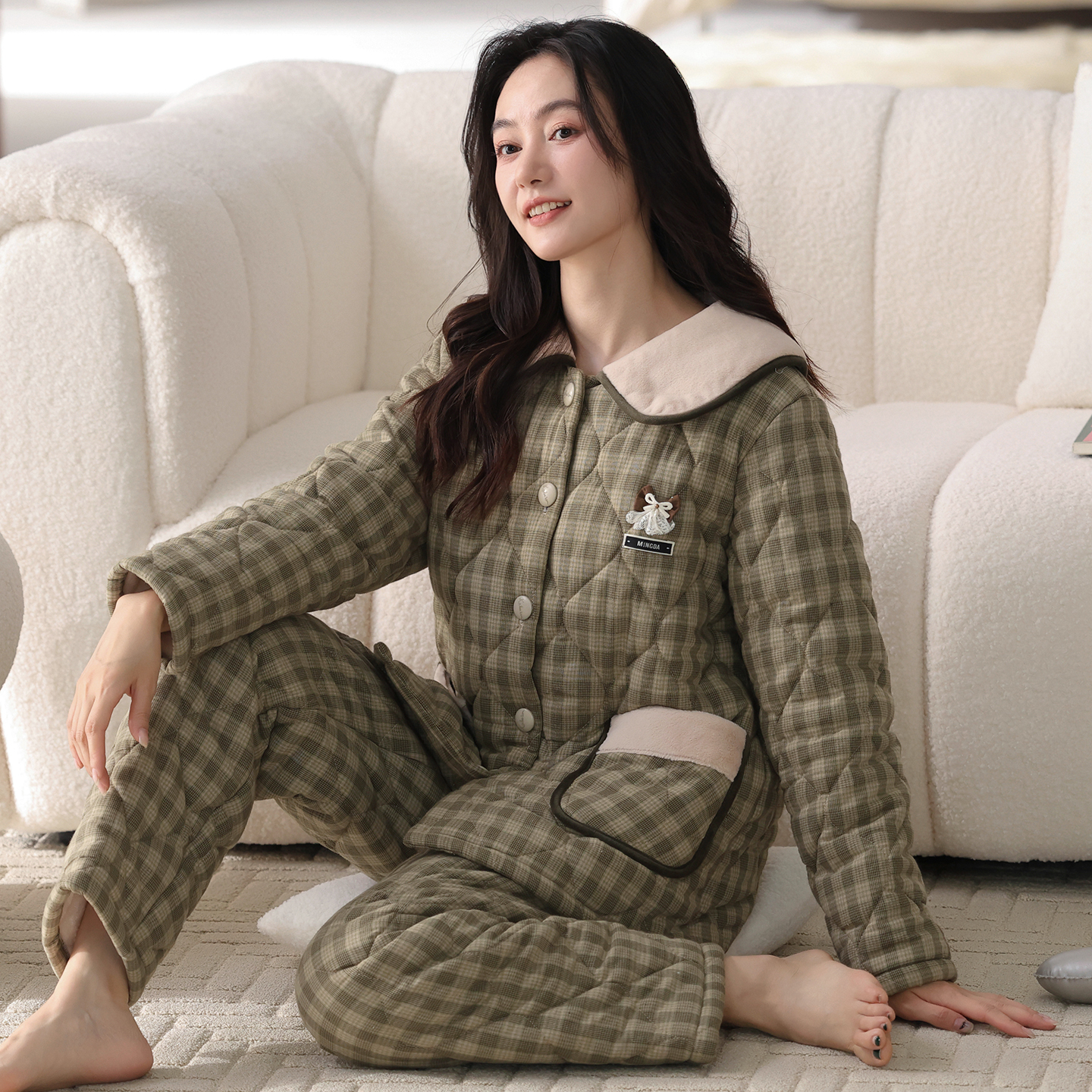 睡衣女冬季三层加厚加绒梭织纯棉