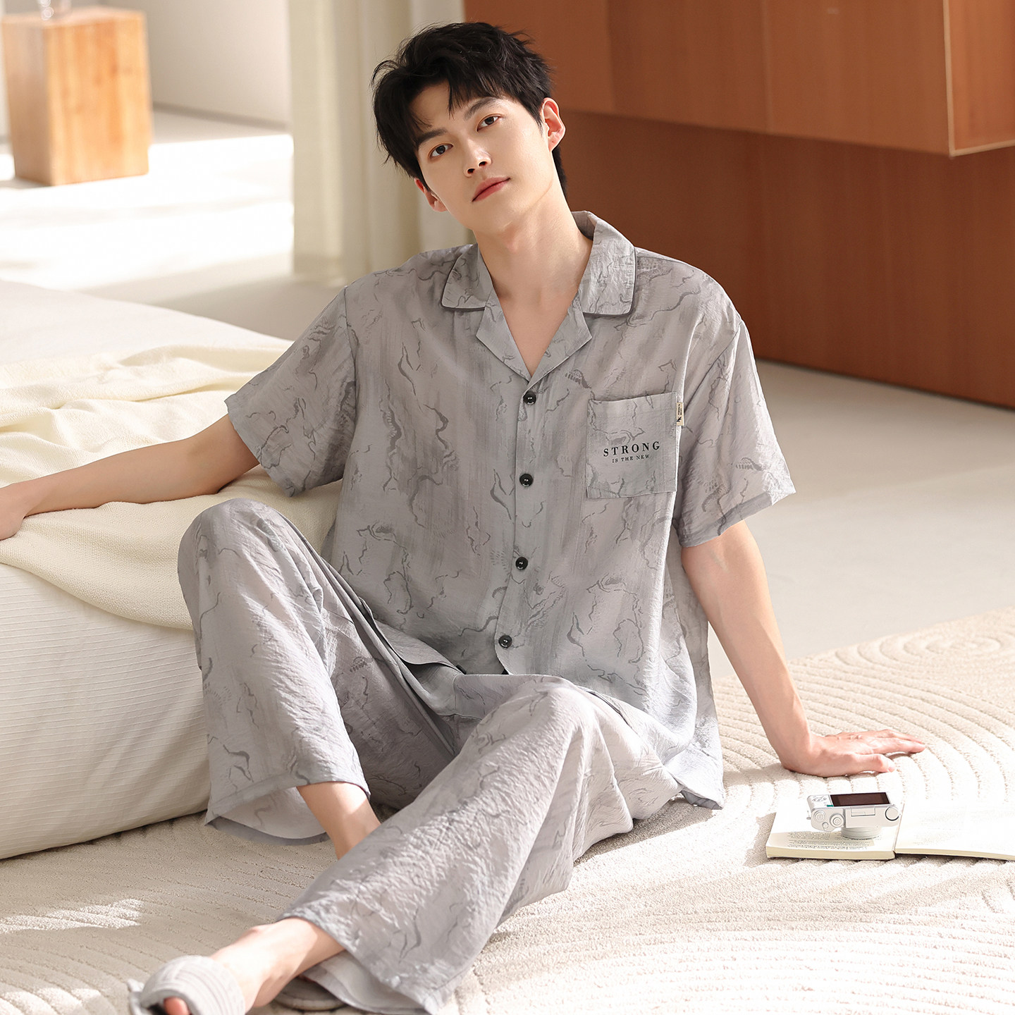 睡衣男士夏季薄款天丝棉麻短袖长裤套装夏天松弛感冰丝高档家居服