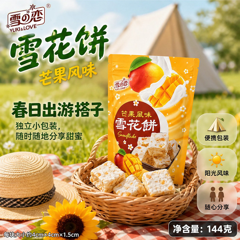 台湾进口网红同款雪之恋芒果雪花酥144g袋装解馋夹心奶香拉丝饼干