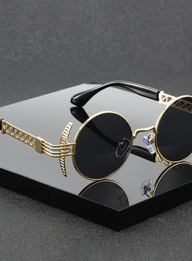 新款赛博朋克太阳眼镜男女款遮阳防紫外线异形复古金属圆框墨镜