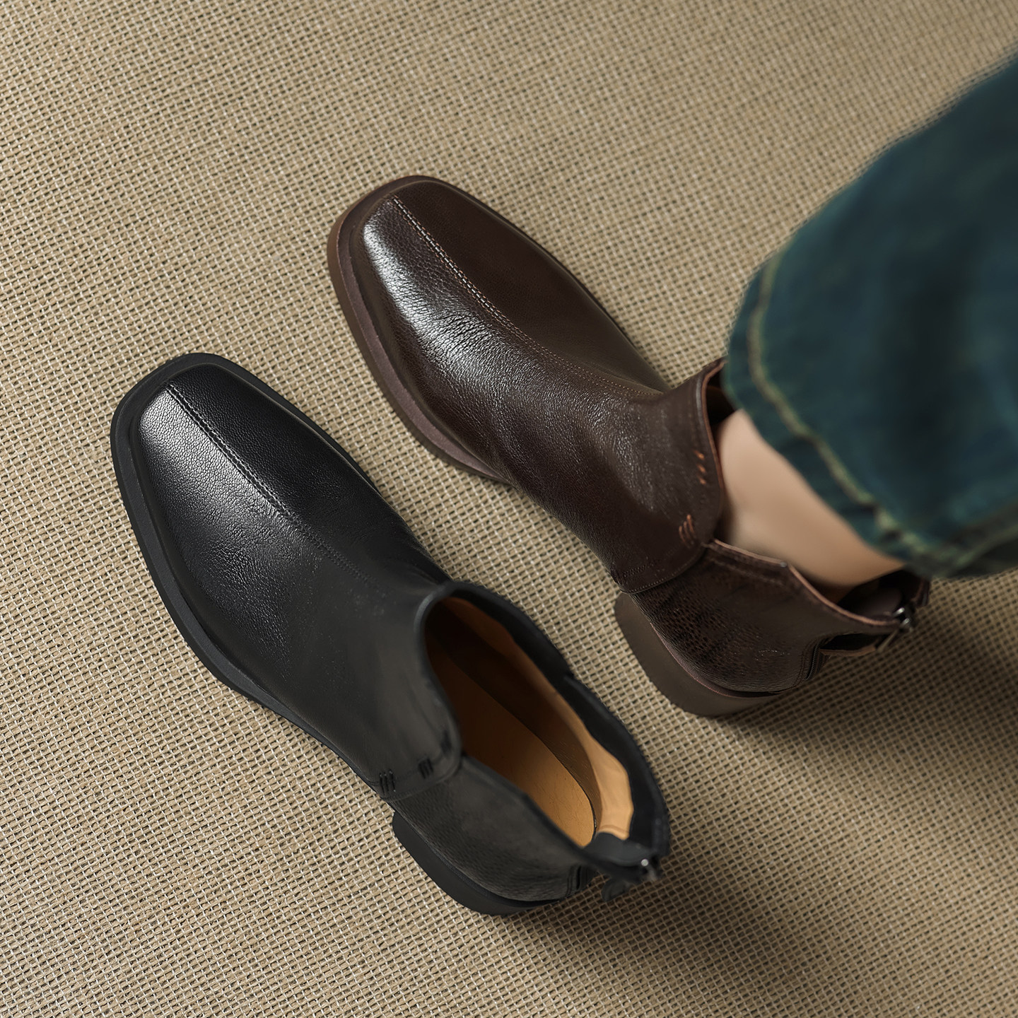 头层羊皮复古风方头切尔西短靴秋冬真皮粗跟新款马丁靴法式时装靴,女鞋,时装靴,淘宝优惠券,粉丝福利购,淘宝优惠卷