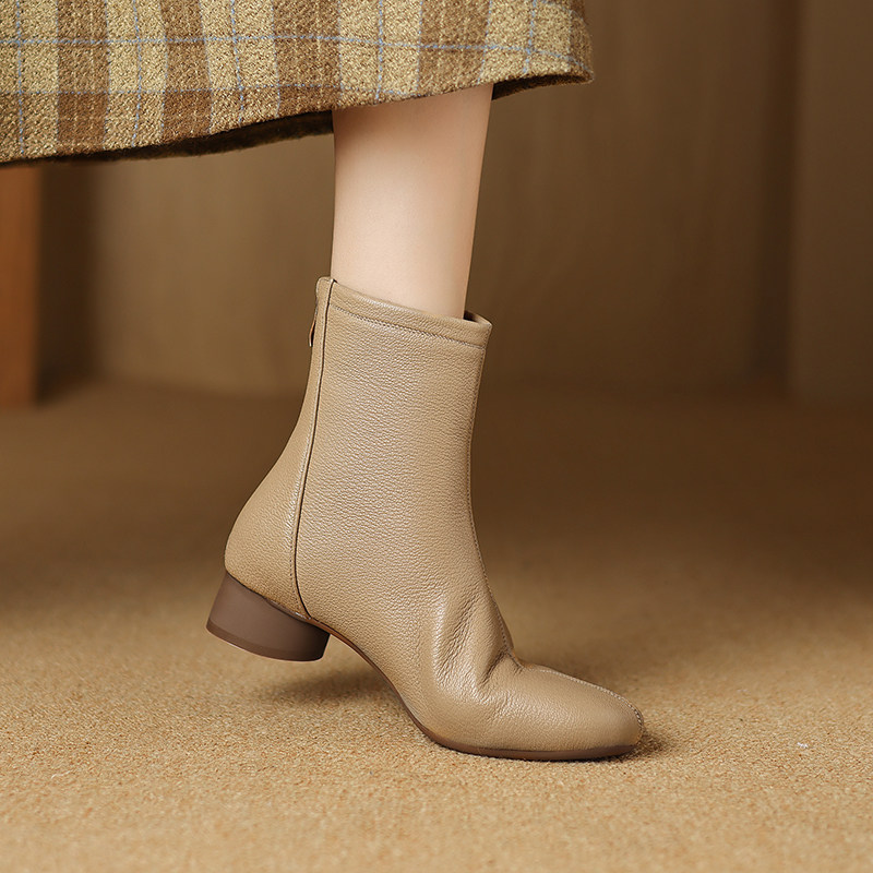 3CM-羊皮秋冬马丁靴粗跟圆头短靴女单靴百搭女靴时尚瘦瘦靴时装靴,女鞋,时装靴,淘宝优惠券,粉丝福利购,淘宝优惠卷
