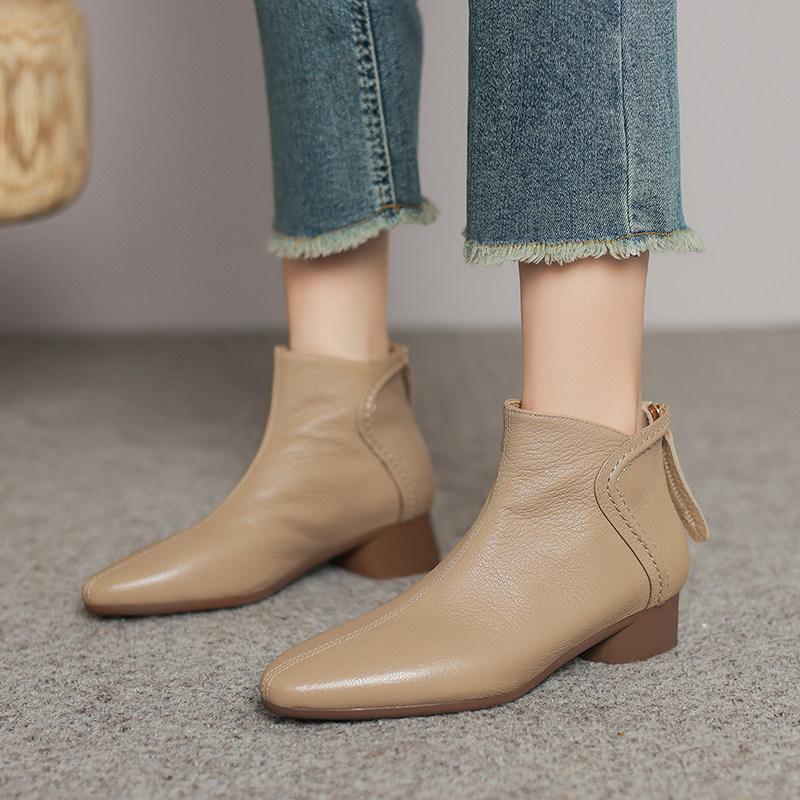 头层羊皮粗跟瘦瘦靴短靴及踝靴百搭大码女靴新款法式时装靴马丁靴,女鞋,时装靴,淘宝优惠券,粉丝福利购,淘宝优惠卷