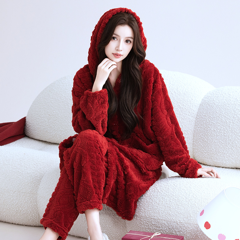 秋冬季加绒带帽子套装法兰绒加厚