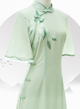 绿色小清新旗袍改良年轻款气质高端夏季新式国风连衣裙小个子