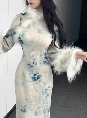 新中式国风秋冬厚款提花加绒倒大袖厚款晚香玉感长款连衣裙女