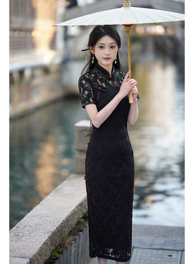 蕾丝旗袍女2025年新款夏季年轻款黑色优雅改良版中长款连衣裙