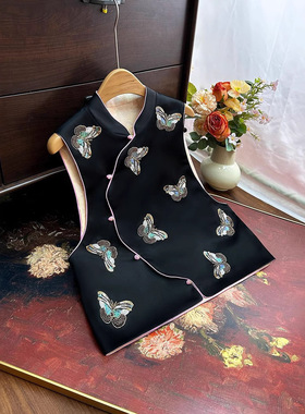 新中式双面穿钉珠刺绣马甲2025春季新款国风坎肩织锦缎斜襟马夹