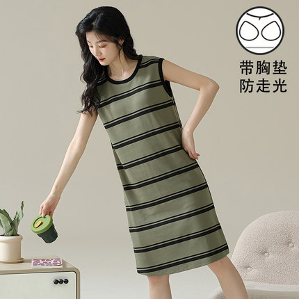 芬腾条纹背心睡裙夏季女款2026新款带胸垫夏天显白纯棉性感无袖