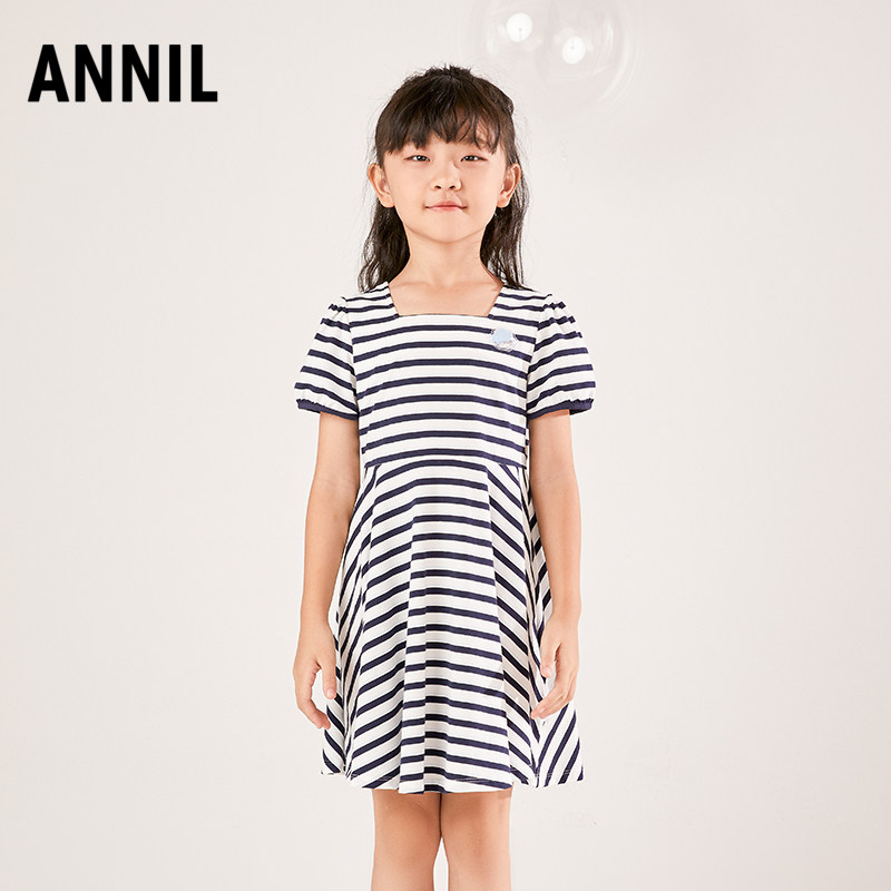 安奈儿女童2022夏季方领短袖条纹简约连衣裙ag223741