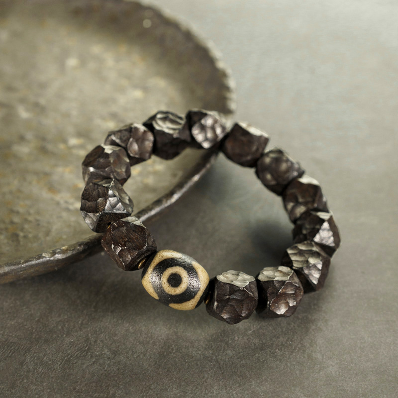 曲尾花原创手工雕刻纹理黑檀木手串男 可把玩质感珠单圈手链手饰