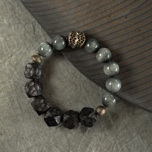 曲尾花原创设计鹰眼石手工黑檀木珠手串男生 国潮手链手饰女 个性