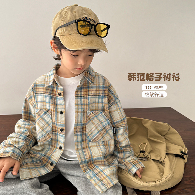 佳蕊家男童长袖衬衫秋季装2025新款儿童纯棉格子衬衣女童上衣