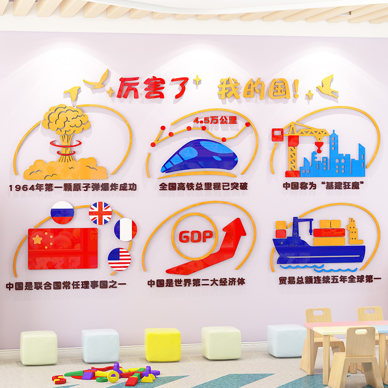 幼儿园厉害了我的国环创主题墙面装饰教室走廊楼梯布置立体墙贴3d