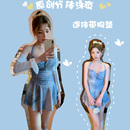 般沐泳衣女温泉2025年新款 女生泳衣 爆款 蓝色微胖遮肚露背连体大码