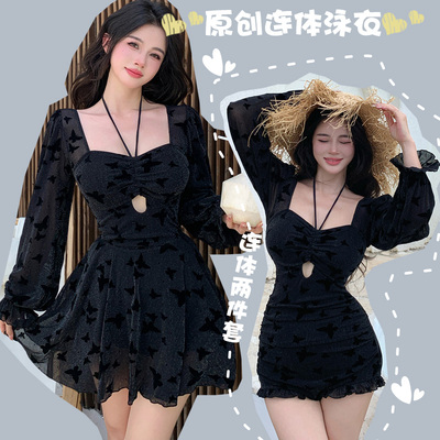 般沐泳衣女大码2025新款微胖女孩长袖裙式分体平角裤聚拢温泉度假