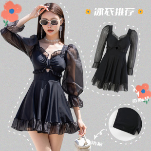 温泉 长袖 网红风泳衣女大码 胖mm200斤显瘦遮肚肉保守女孩连体裙式