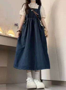 女童牛仔背带连衣裙短袖衬衫两件套女春夏装学院风中长款裙子套装