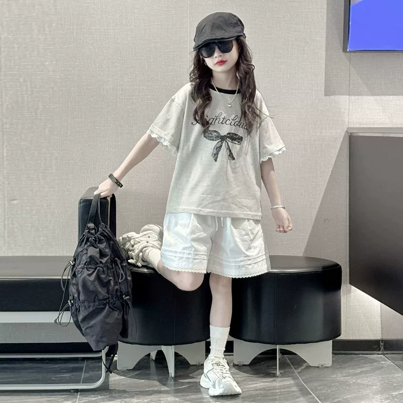 女童短袖t恤2026新款女大童夏季儿童超好看上衣洋气条纹夏装半袖T