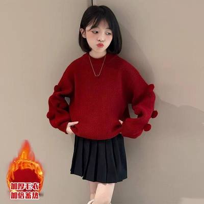 新年毛衣女童冬装2025新款儿童韩系穿搭女大童本命年红色针织上衣